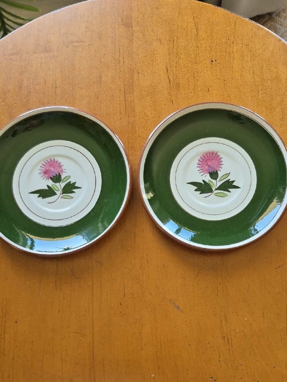 STANGL Thistle Green Rim Saucers with Pink Floral Motif - Set of 2